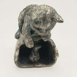 Vintage Enesco Giftware Pewter Kitten Peeking at Mouse in Bucket Miniature Tiny